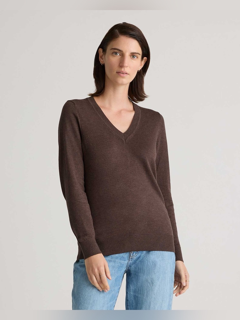QUINCE Lightweight Organic Cotton Cashmere V-Neck L Sweater Mocha Heather Brown